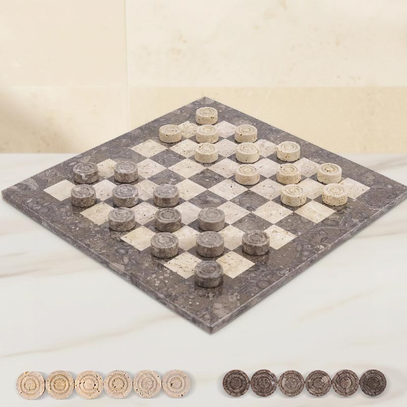 Checkers Game 15'' Oceanic and Travertine Handmade Chess and Checkers Board Game