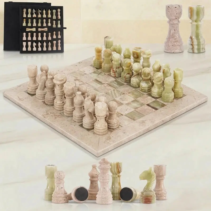 Marble Chess Set 12 Inch — Travertine & Green Onyx Stone Chess Set with Foam Storage Box & 2 Extra Queens