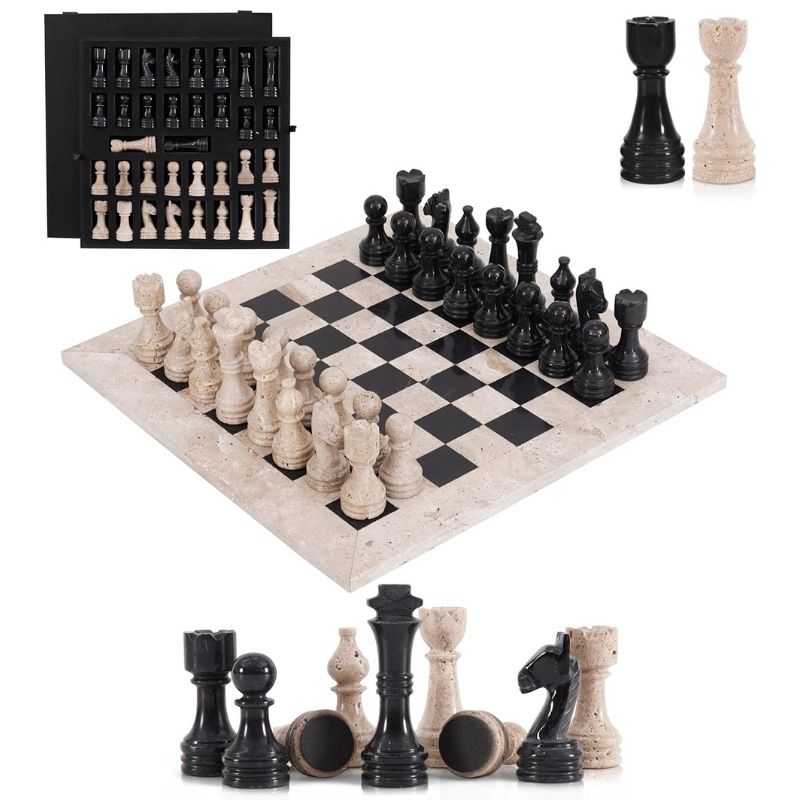 15-Inch Travertine and Black Marble Chess Set with Extra Queens and Storage Box