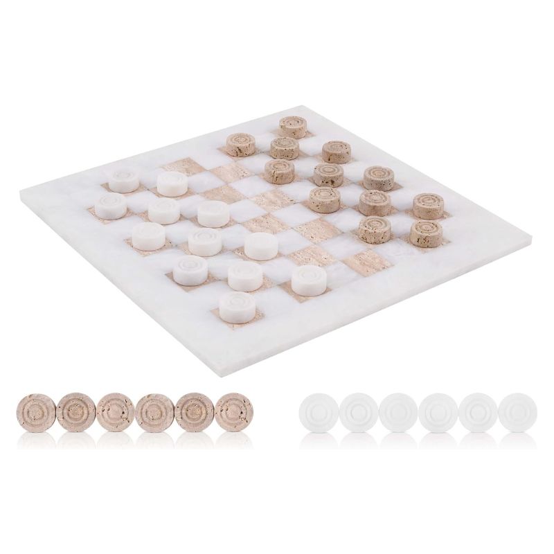 Checkers Game 15'' White and Travertine Handmade Chess and Checkers Board Game