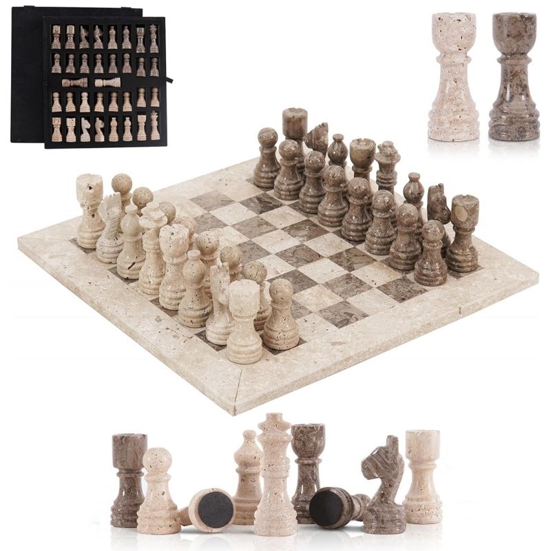 Marble Chess Set 12 Inch — Travertine & Oceanic Marble Stone Chess Set with Storage Box & 2 Extra Queens