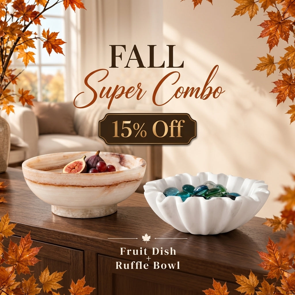 Fall Marble Serving Combo – White Onyx Fruit Dish & 6" Ruffle Bowl