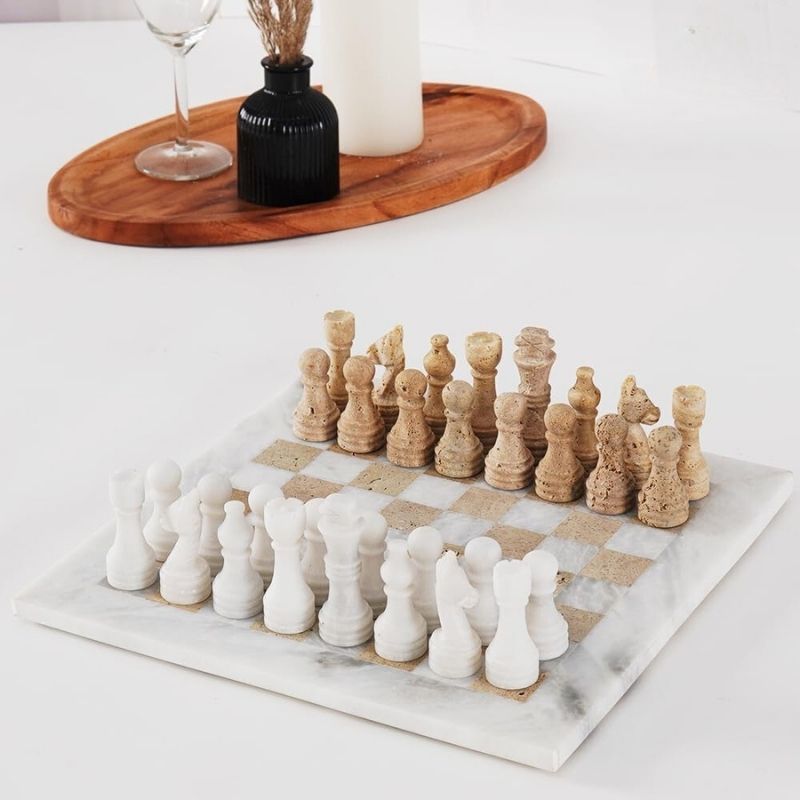 Marble White and Travertine Chess Set with Storage Box 12" For 2 Player Games for Adults