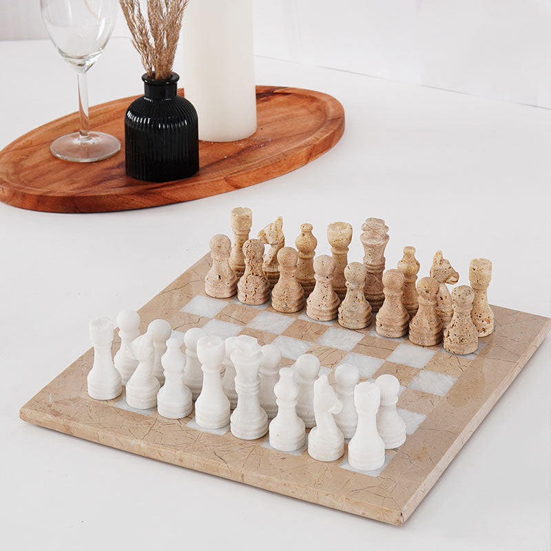 Marble Travertine and White Chess Set with Storage Box 12" For 2 Player Games - Travel Board Games