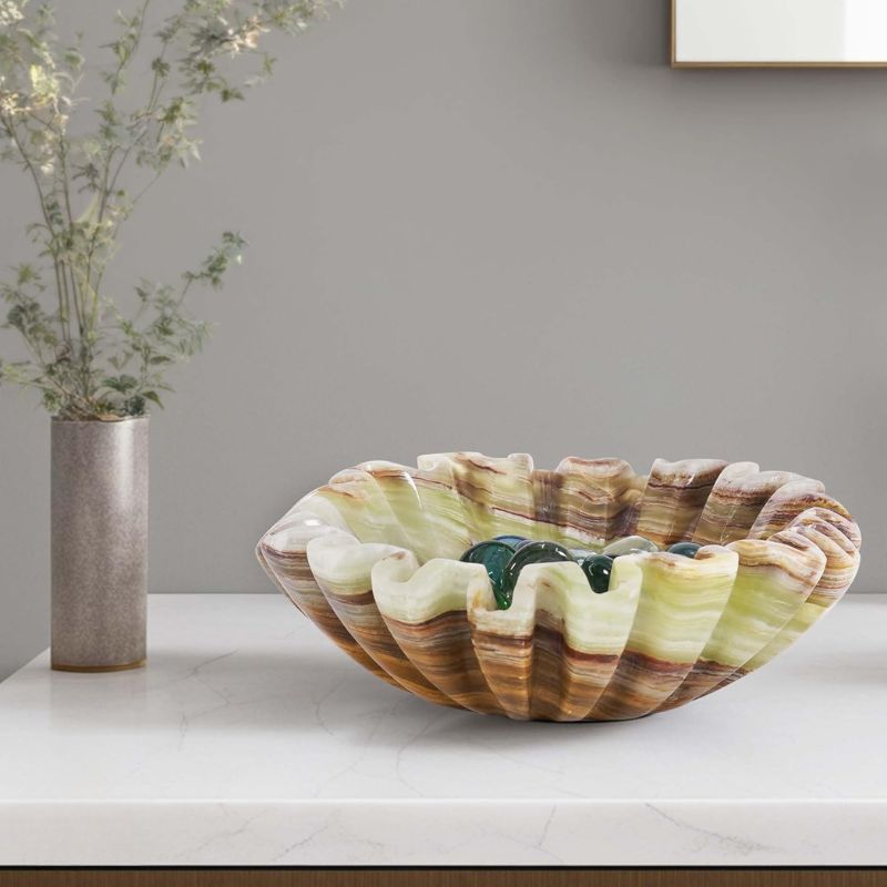Marble Ruffle Bowl — Hand-Carved Scalloped Decorative Bowl for Coffee Table, Keys & Fruit