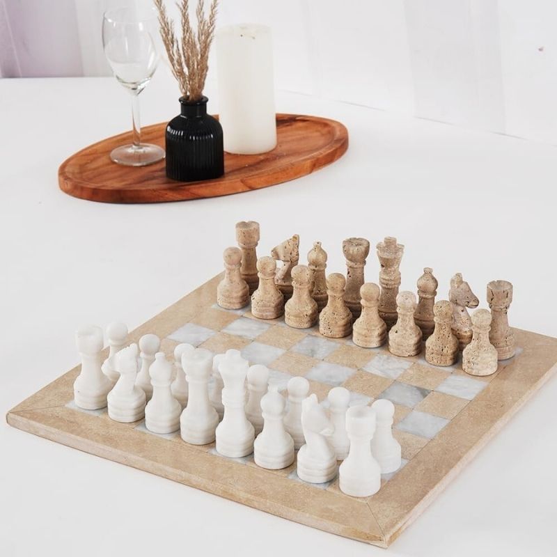 Marble Chess Set 15 Inch — Travertine & White Marble Tournament Stone Chess Set with Storage Box & 2 Extra Queens