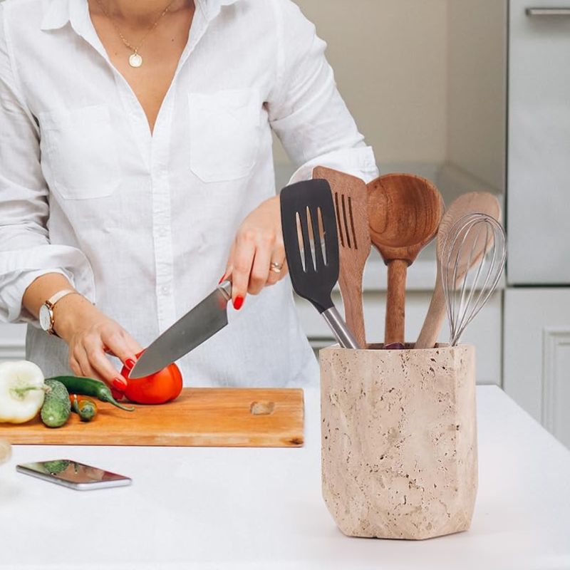 Travertine & Marble Kitchen Utensil Holder — Natural Stone Countertop Organizer & Flower Vase