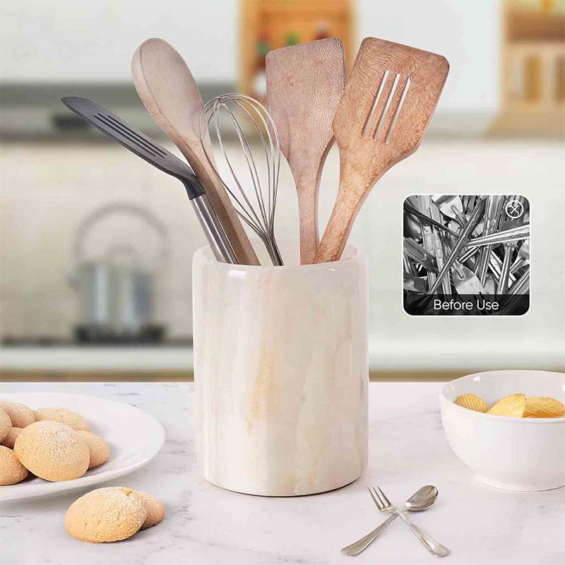 Travertine & Marble Kitchen Utensil Holder — Natural Stone Countertop Organizer & Flower Vase