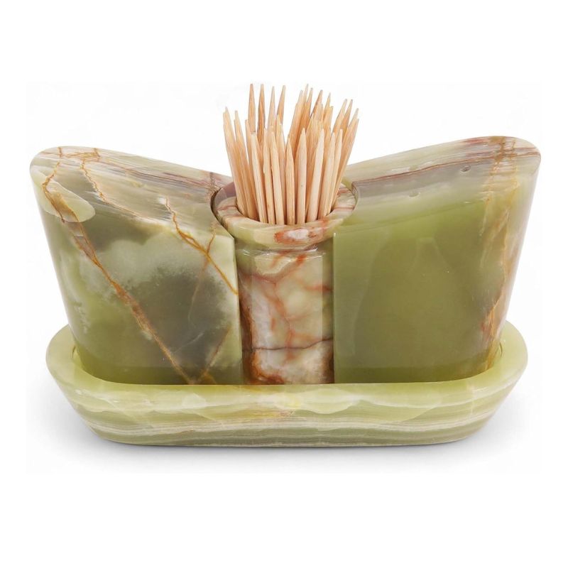 Marble salt and pepper shakers set with tray and holder in green