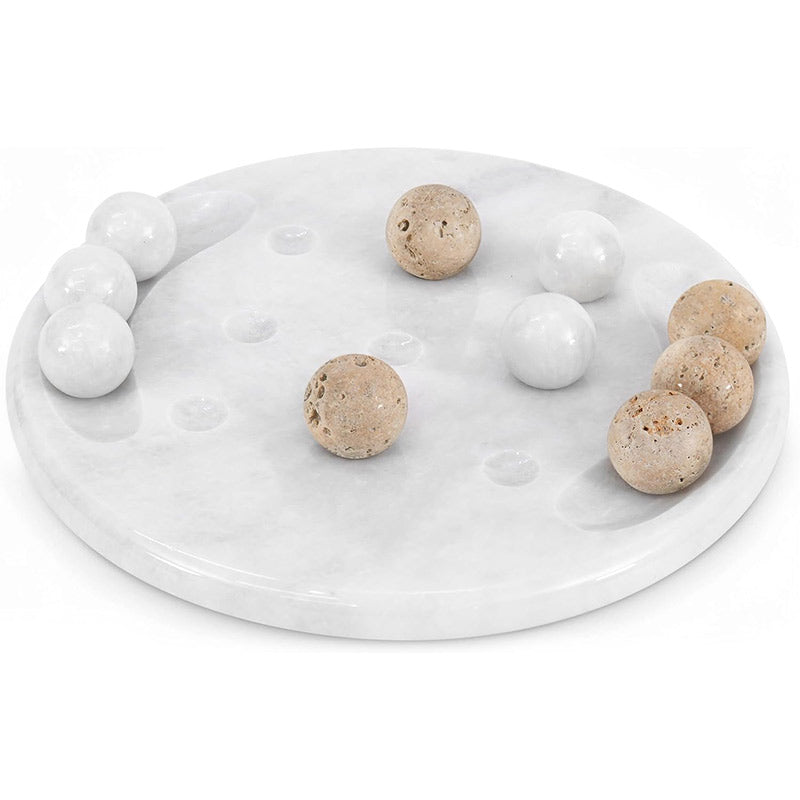 Marble Tic Tac Toe game set with black and white marble pieces on travertine board with white background – Speshstones