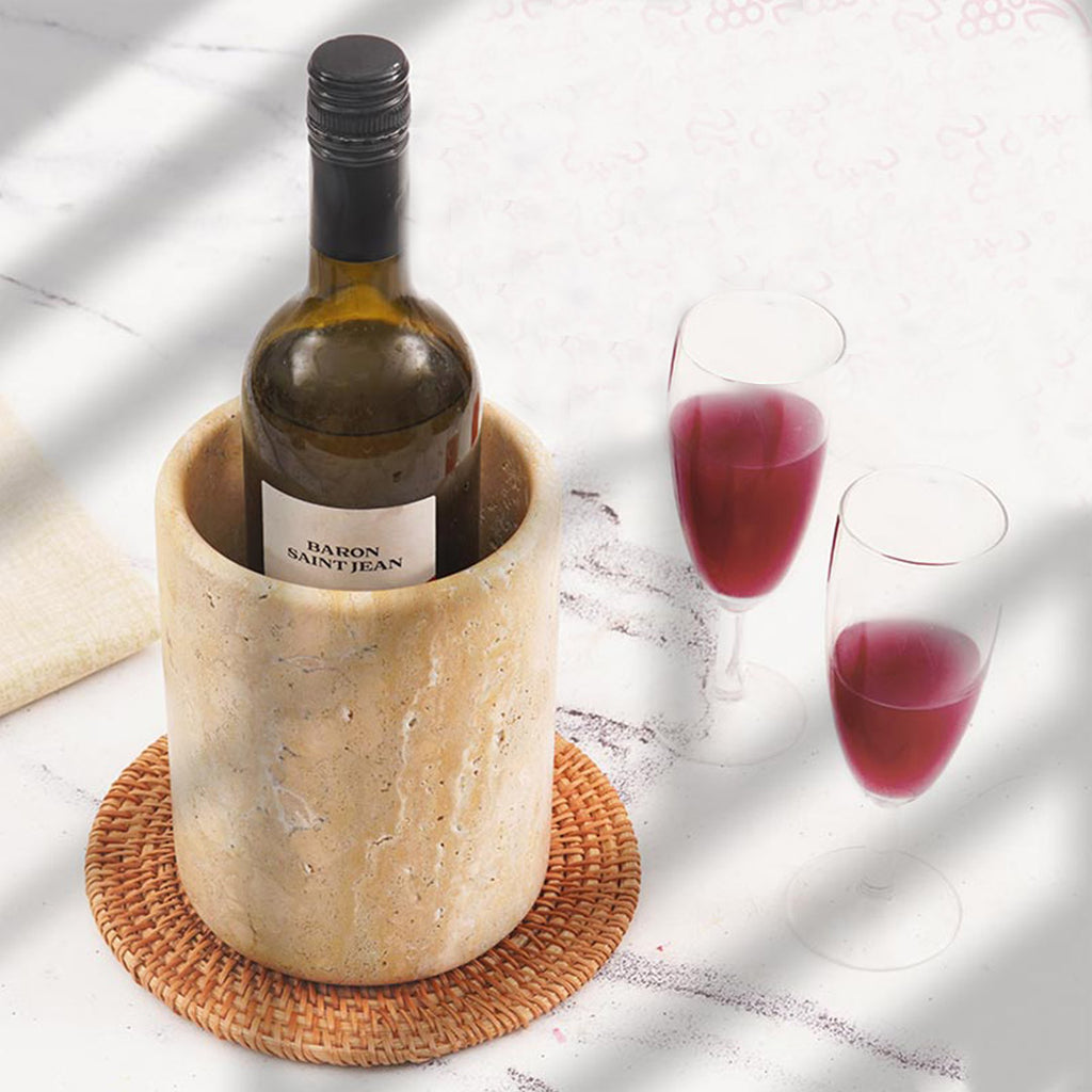 Travertine marble wine cooler with wine glass that holds a full bottle – home bar setting