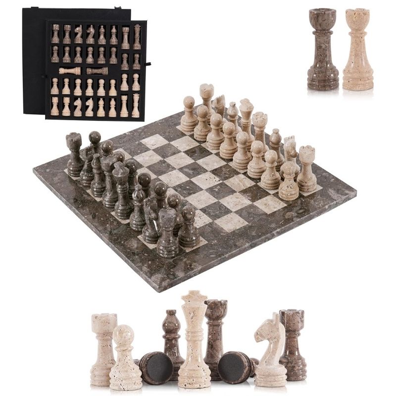 Oceanic and Travertine Marble Chess Set with 15 Inch Board and Storage Box