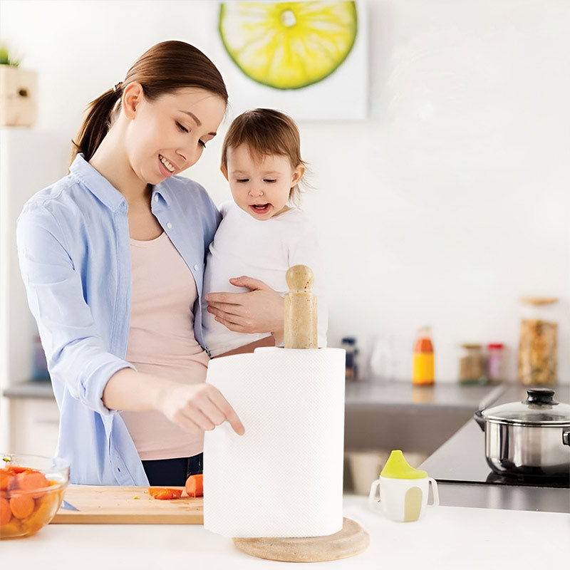 round shaped marble paper towel holder freestanding on dining table for easy access
