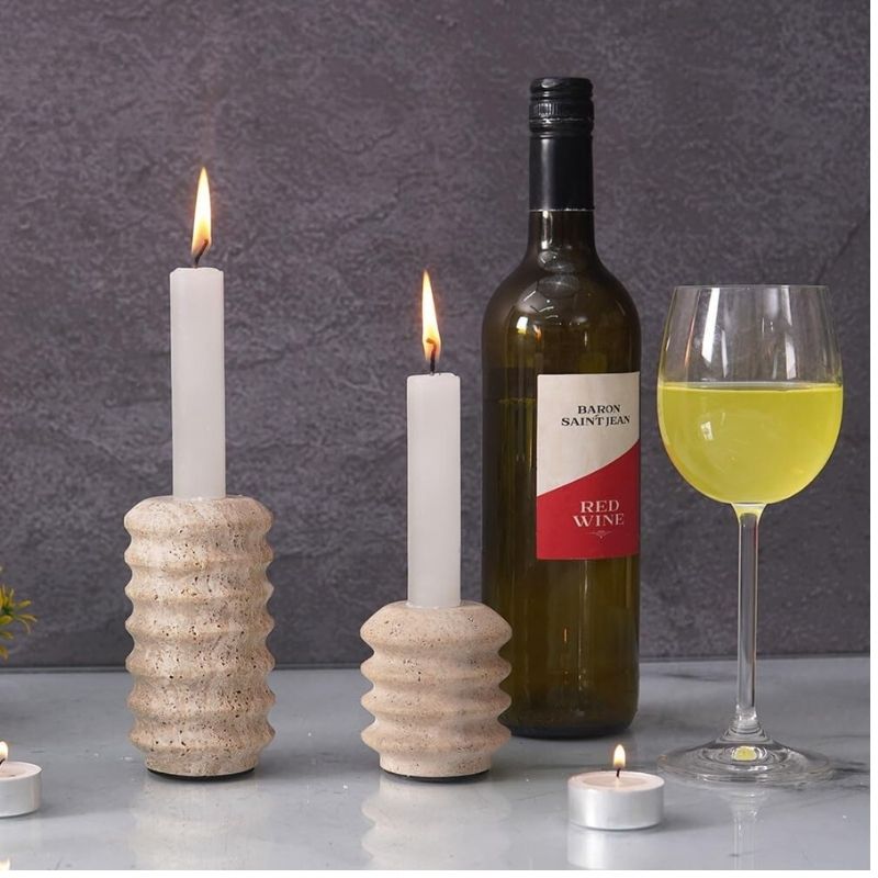 Holiday Candle Holder – Travertine Stone Candlestick for Table Centerpiece