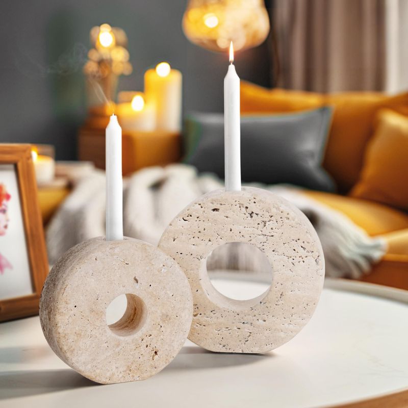 Travertine marble candle holders used as living room table decor