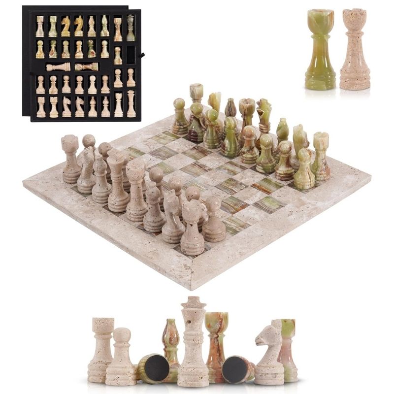 15-inch Travertine and Green Onyx Marble Chess Set with Storage Box and Extra Queens with white background