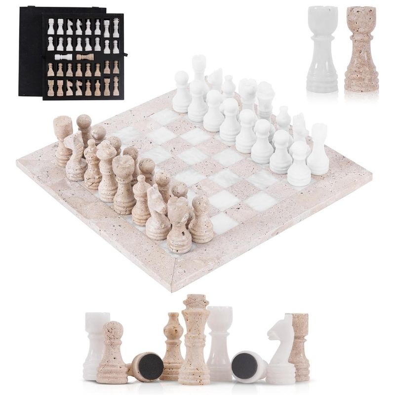 Travertine and white marble chess set 12 inch board with handcrafted stone pieces with white background