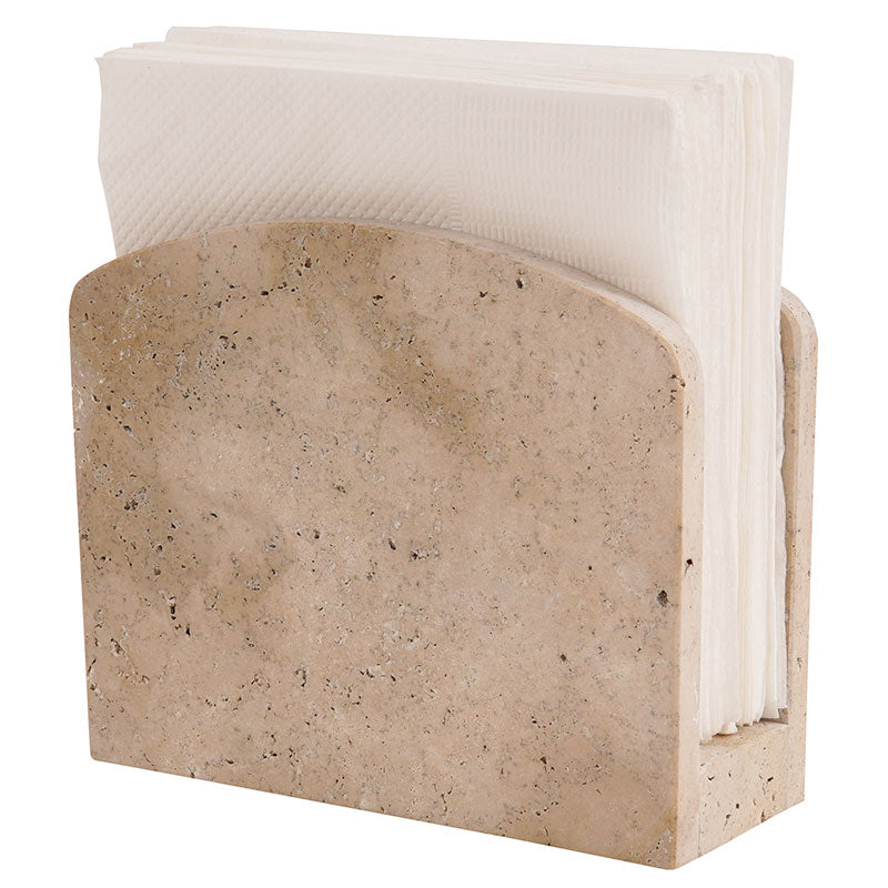 Natural travertine napkin holder for kitchen, bathroom, and tabletop use with smooth finish and round design.