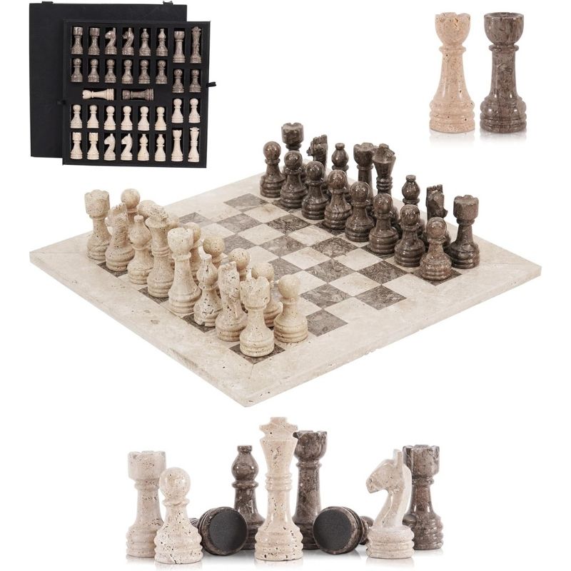 Travertine and oceanic marble chess set with board and storage box – 15-inch handcrafted stone set