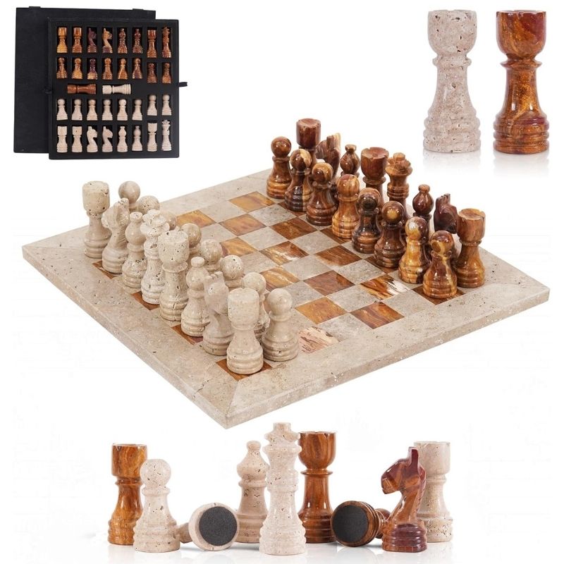 12-inch Travertine and Red Marble Chess Set with Storage Box by Speshstones
