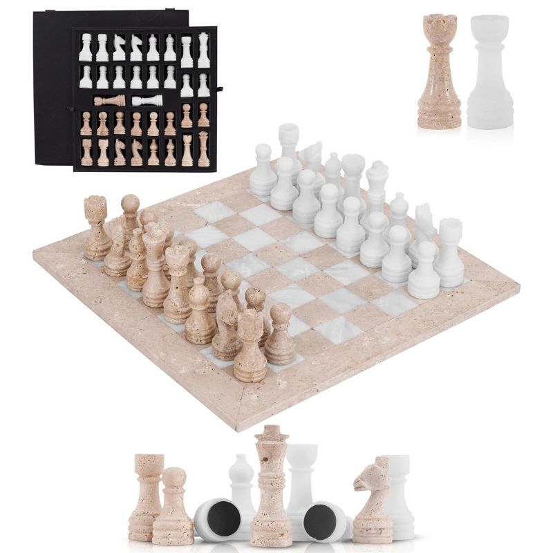 Travertine and white marble chess set 15 inch with storage box and extra queens with white background