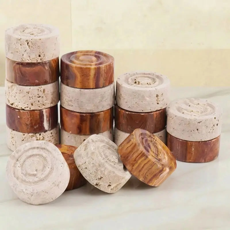Red & Travertine Marble Checkers Pieces — 1.25" Handmade Stone Checker Figures Set of 32