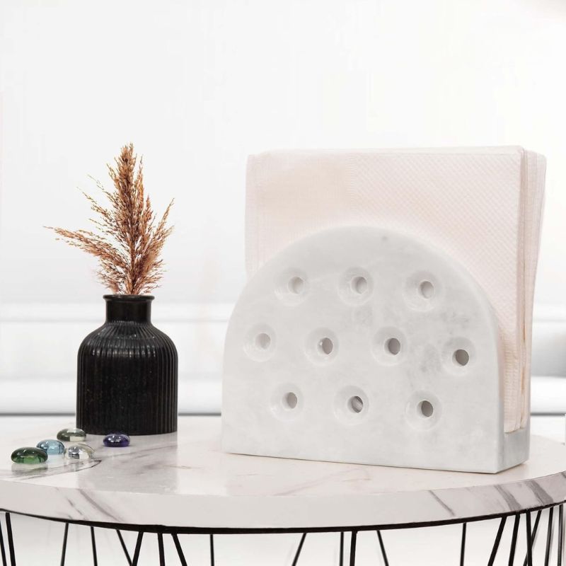 Coordinated paper towel and napkin holder set in white marble