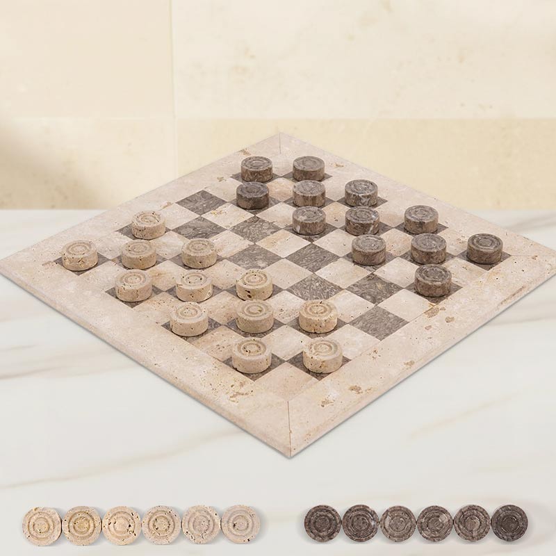 Checkers Game 15'' Travertine and Oceanic Handmade Chess and Checkers Board Game