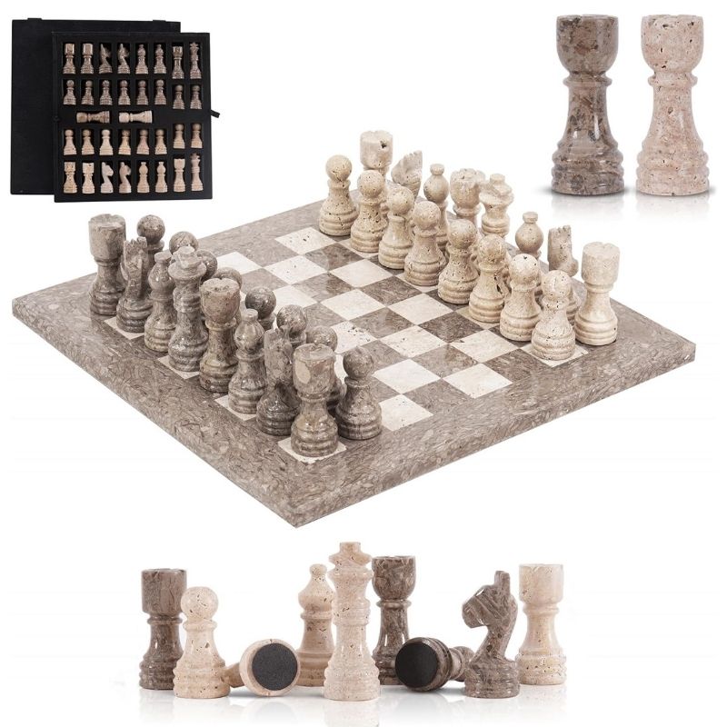 12 inch marble chess board made of oceanic and travertine stone with full chess setup