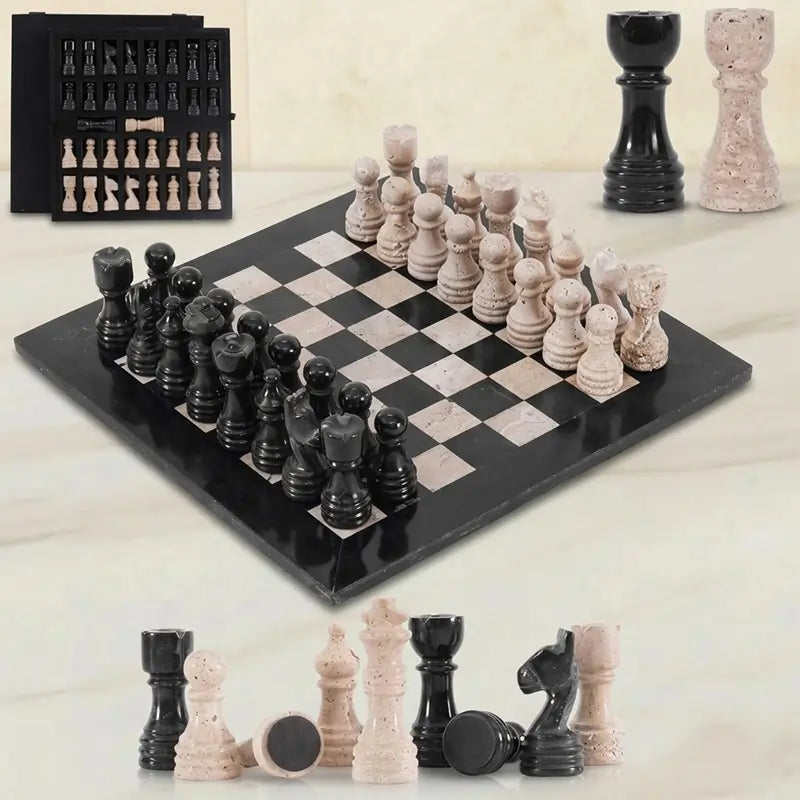 Black and Travertine Marble Chess Set – 12-Inch Handcrafted Stone Board Game with Storage Box & 2 Extra Queens