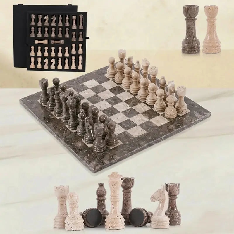 Marble Chess Set 12 Inch — Oceanic Marble & Travertine Stone Chess Set with Storage Box & 2 Extra Queens