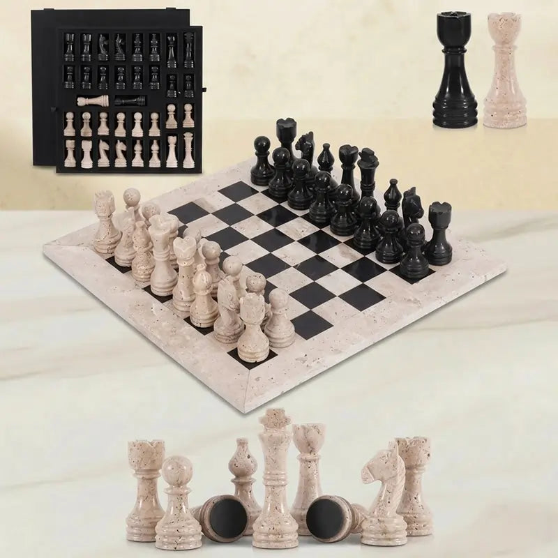 Marble Chess Set 12 Inch — Travertine & Black Marble Stone Chess Set with Foam Storage Box & 2 Extra Queens