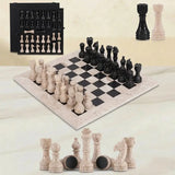 Marble Chess Set 12 Inch — Travertine & Black Marble Stone Chess Set with Foam Storage Box & 2 Extra Queens