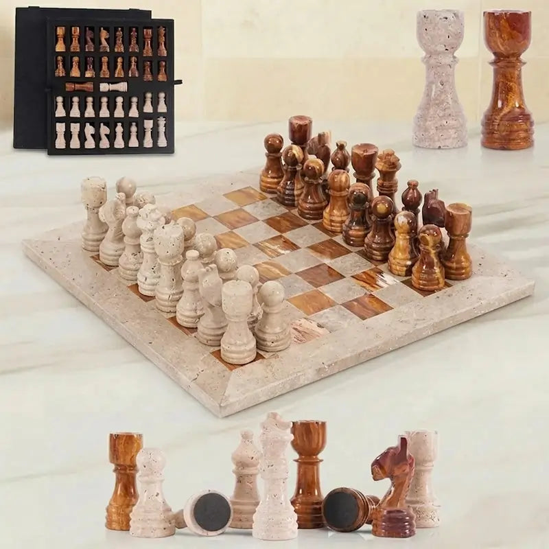 12-Inch Travertine & Red Marble Chess Set with Storage Box – Handcrafted 32-Piece Stone Board Game