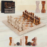 Marble Chess Set 12 Inch — Travertine & Red Marble Stone Chess Set with Foam Storage Box & 2 Extra Queens