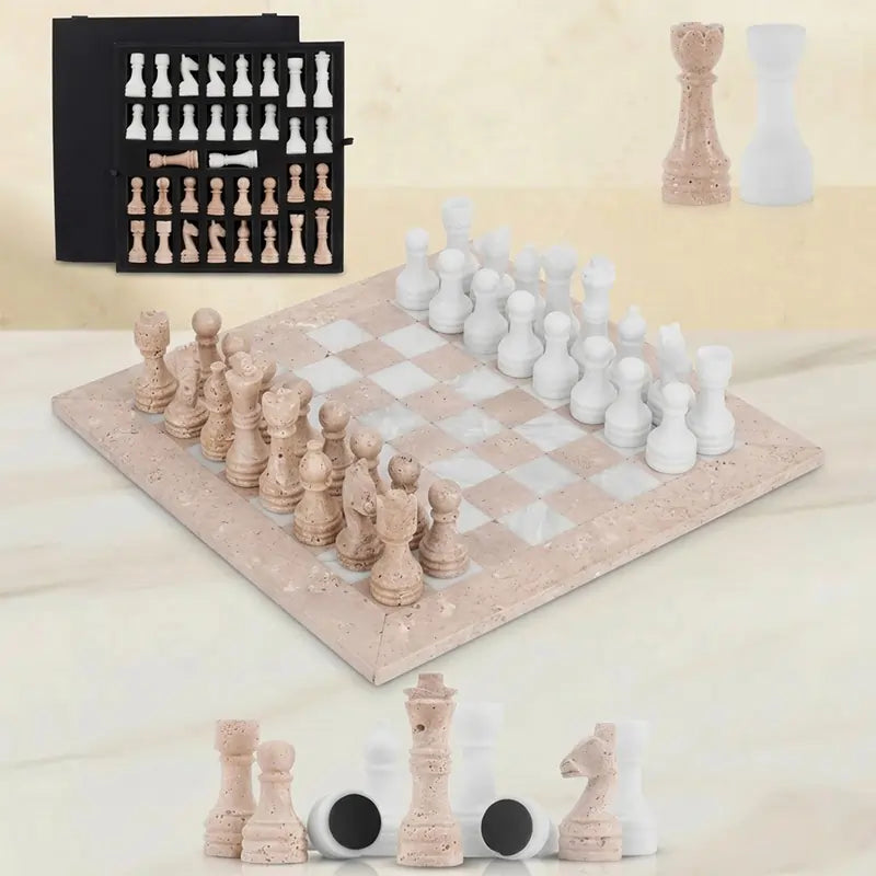 Travertine and White Marble Chess Set with Extra Queens – 12