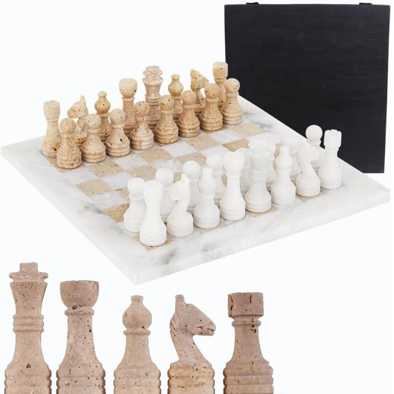 Marble White and Travertine Chess Set with Storage Box 12