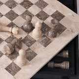 Top angle view of 15-inch marble chess board with travertine and oceanic tiles