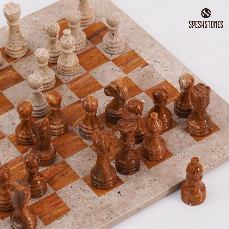15-inch travertine and red marble chess set with handcrafted pieces and extra queen on side