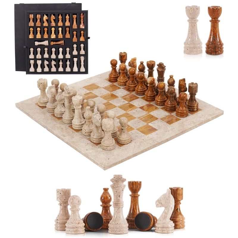 15-inch Travertine and Red Marble Chess Set with Storage Box and Extra Queens with white background