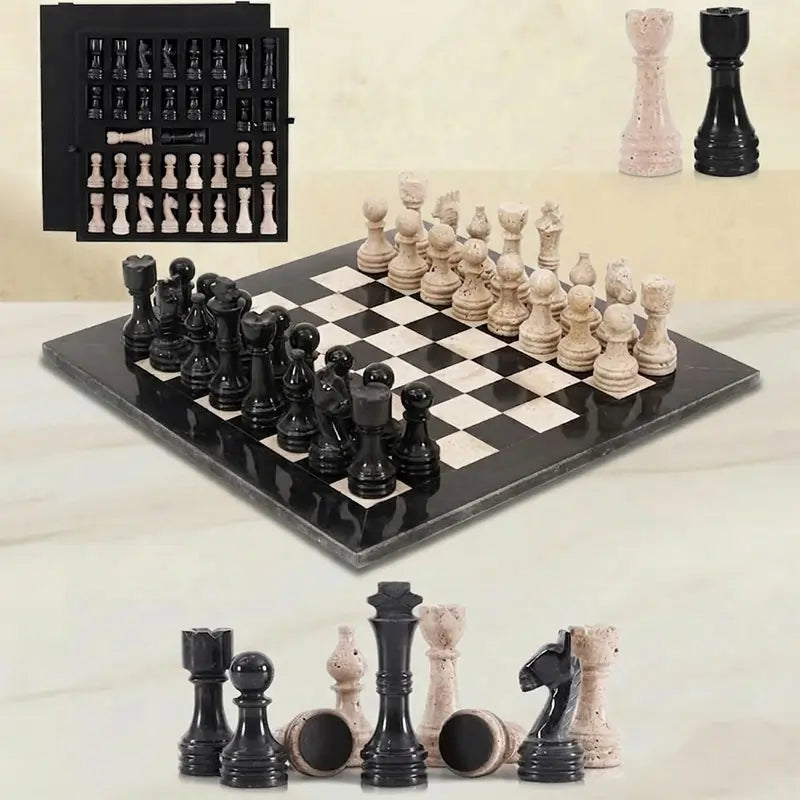 15-Inch Black and Travertine Marble Chess Set with Extra Queens & Storage Box