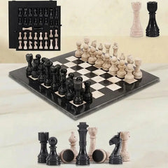 Marble Chess Set 15 Inch — Black Marble & Travertine Stone Chess Set with Rigid Carry Case & 2 Extra Queens