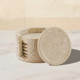Travertine Round Coaster Set of 6 with Holder — Natural Stone Drink Coasters & Home Decor