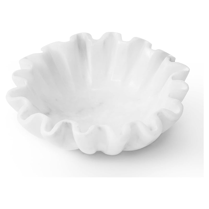 6 inches white marble ruffle bowl placed on table with white background