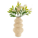 9 inches Travertine marble flower vase displayed on a modern coffee table with fresh flowers
