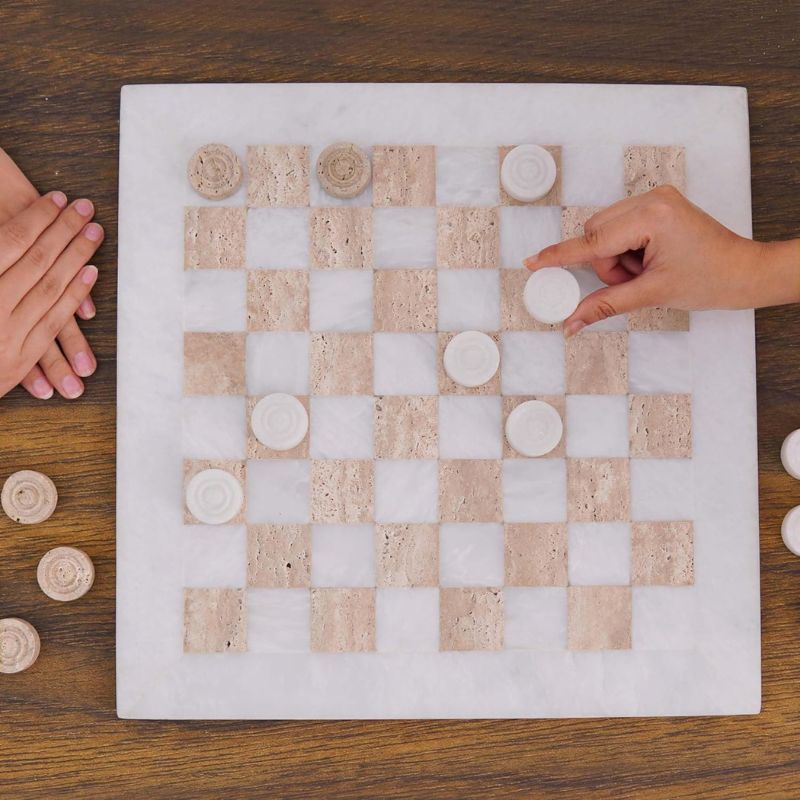 Checkers Game 15'' White and Travertine Handmade Chess and Checkers Board Game