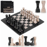 Chess Set 12'' Black and Travertine Chess Board Games - 2 Extra Queens and Storage Box