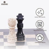 Chess Set 12'' Black and Travertine Chess Board Games - 2 Extra Queens and Storage Box