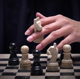 Chess Set 12'' Travertine and Black Chess Board Games - 2 Extra Queens and Storage Box