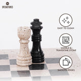 Chess Set 12'' Travertine and Black Chess Board Games - 2 Extra Queens and Storage Box